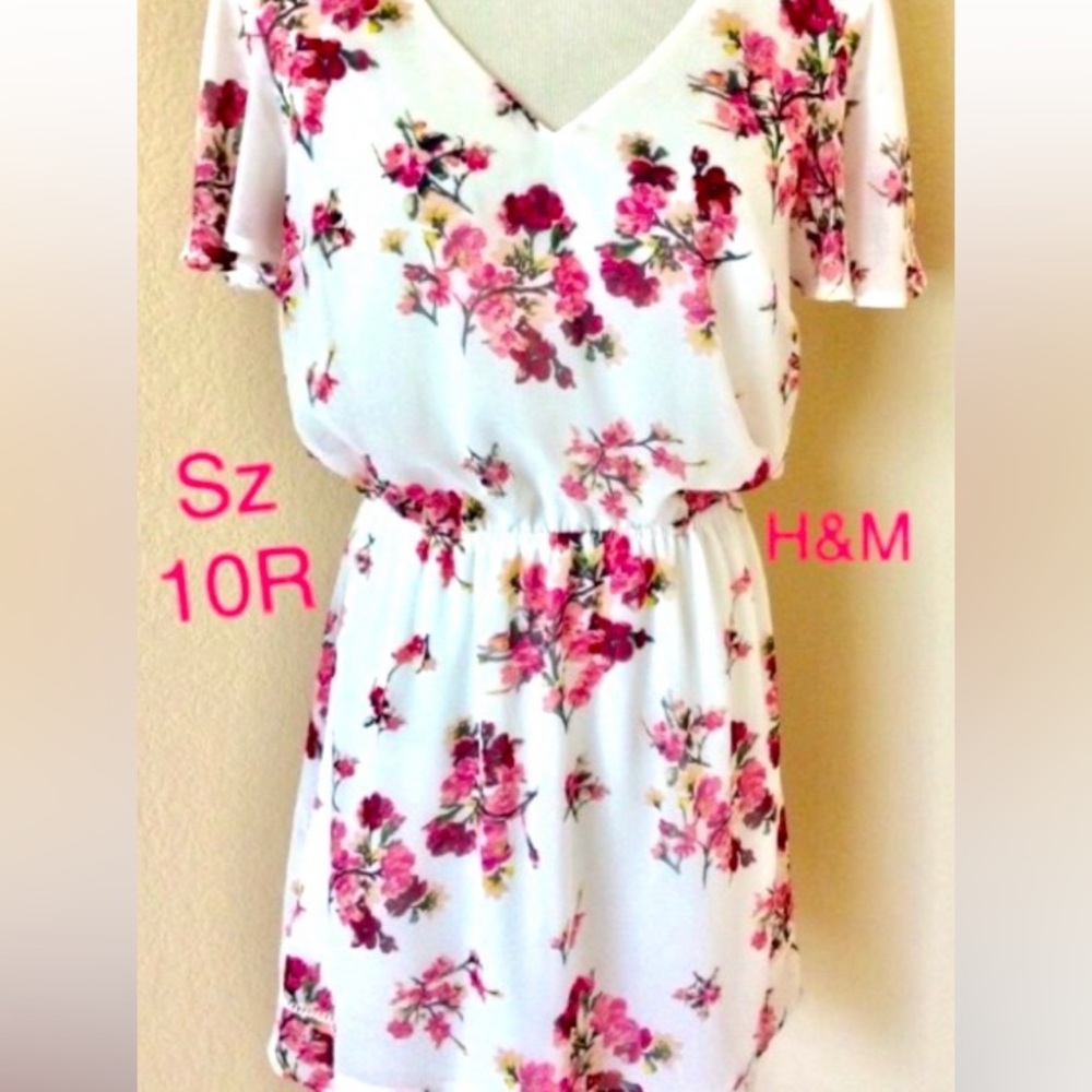 H & M Floral dress A line mini dress V neck white pink chiffon flutter sleeves